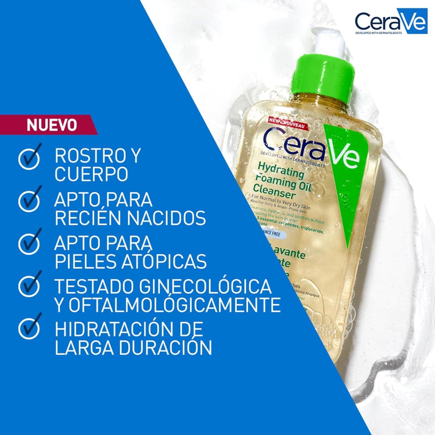 Cerave Limpiador En Aceite Espumoso Hidratante, Para Pieles Normales a Muy Secas Con Tendencia Atópica, Para Rostro Y Cuerpo, Limpia E Hidrata, Enriquecido Con Ácido Hialurónico, 473Ml