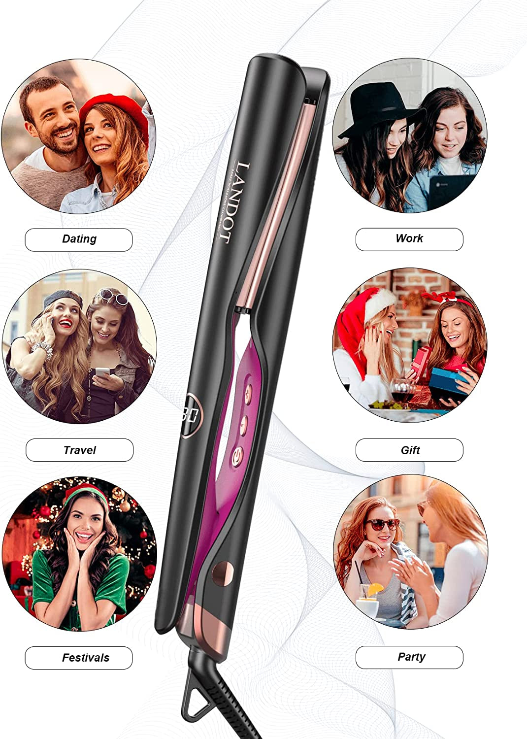 LANDOT Plancha De Pelo Alisador Y Rizador 2 En 1: Planchas Del Pelo Cerámica Flotantes Para Todos Los Cabellos - 120℃-230℃ Temperatura Ajustable